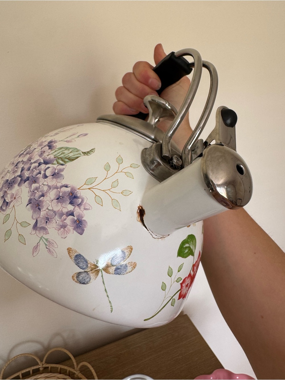 Floral Butterfly Whistling Tea Kettle - White with Yellow & Purple Accents - Picture 3 of 3